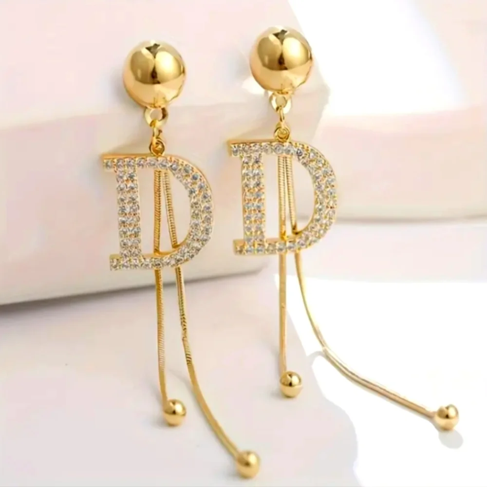 Elegant Fashion  Gold Long Tassel Initial D Earrings